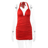 Deep V-neck Halterneck Strapless Backless Pleated Dress - Myluvfit